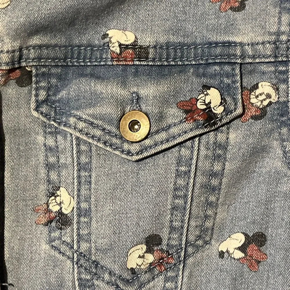 Disney‎ Adult Minnie Mouse All Over Face Print Denim Jean Jacket Women's XSmall